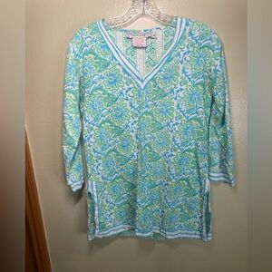 Gretchen Scott Designs Blue and Green Floral Long Sleeve Tunic Top Size small